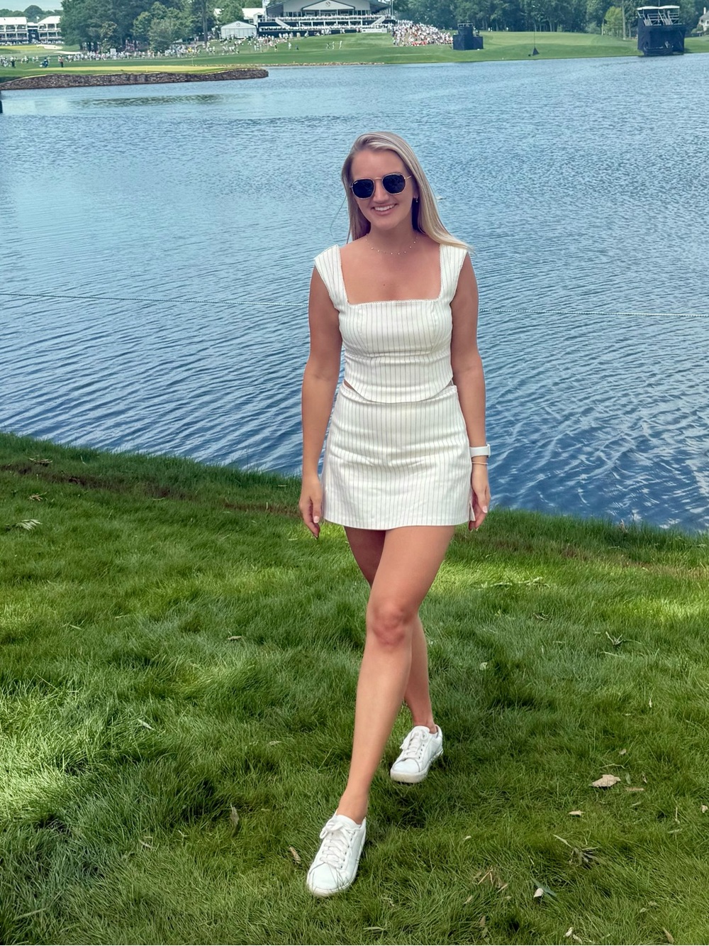 Striped Two-Piece Crop Top & Skort Set — Cream with Thin Navy Stripes